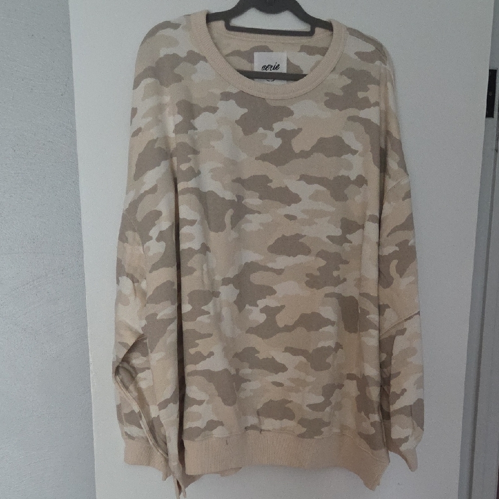 Aerie Women's Beige Camo Crewneck Sweater